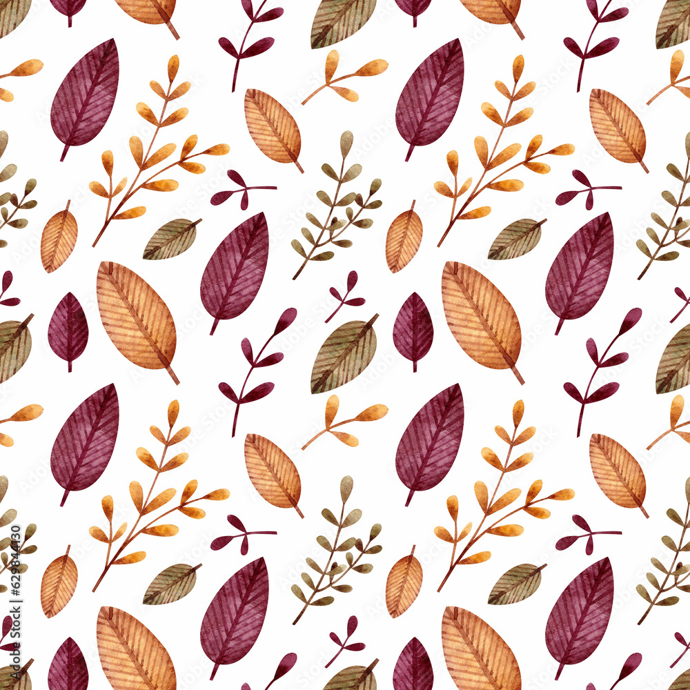Obraz premium Seamless pattern with different autumn leaves and branches on a white background. Watercolor illustration. Wallpaper. Print on fabric and paper. Autumn. Nature. Natural. Handmade work. Bright. Art.