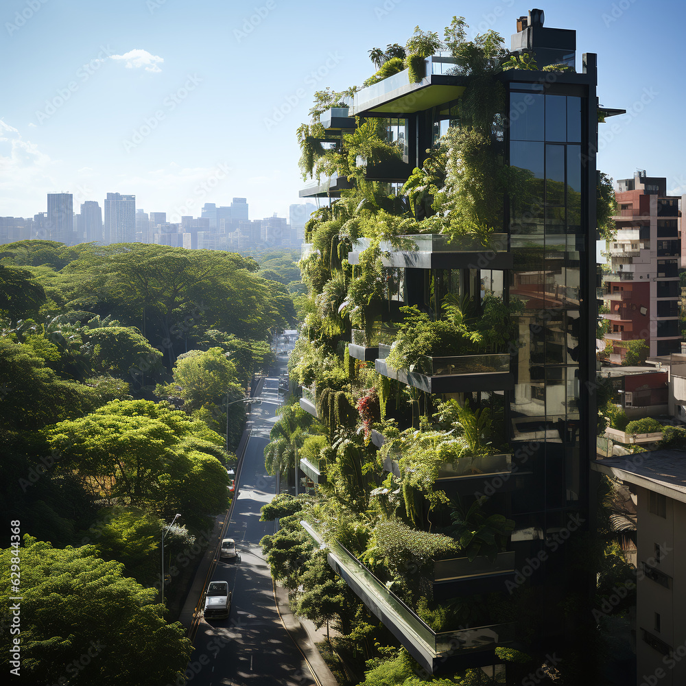 A captivating photo of a thriving green wall in an urban environment, showcasing the harmony between nature and the cityscape. Generative AI