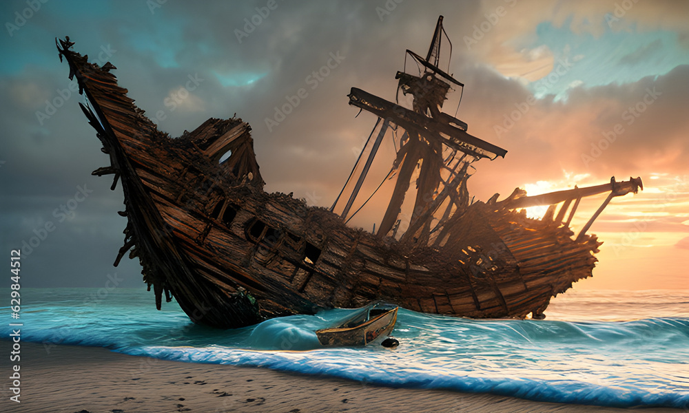 "Shipwrecked Haven". ultra-realistic artwork depicting a shipwreck on an enchanted island. - obrazy, fototapety, plakaty 