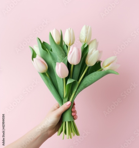 Hand with tulip flowers