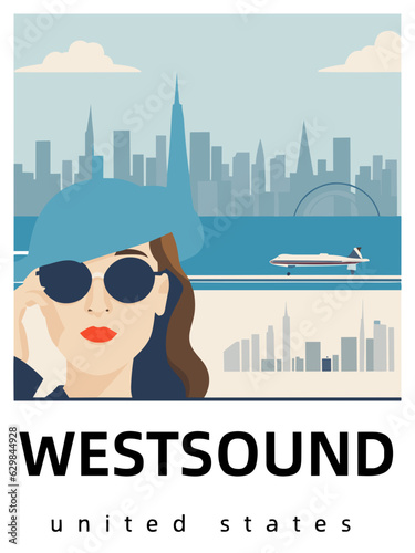 Westsound: Flat design tourism poster with a cityscape of Westsound (United States)