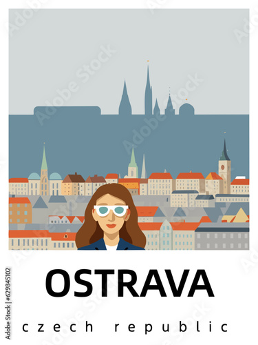 Ostrava: Flat design tourism poster with a cityscape of Ostrava (Czech Republic)