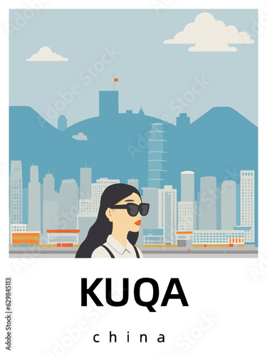 Kuqa: Flat design tourism poster with a cityscape of Kuqa (China) photo
