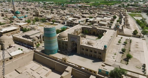 Aerial View Of Ichon-Qala, Walled Inner Town Of The City Of Khiva, Uzbekistan, Central Asia. photo