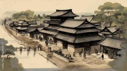 Illustration of feudal japan village, Generative AI