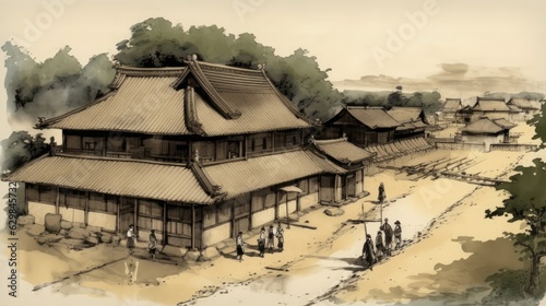 Illustration of feudal japan village, Generative AI