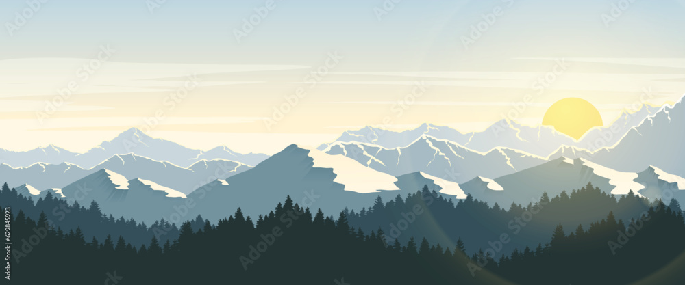 Mountain view and sunrise in the morning. Background images for props, print media, posters.