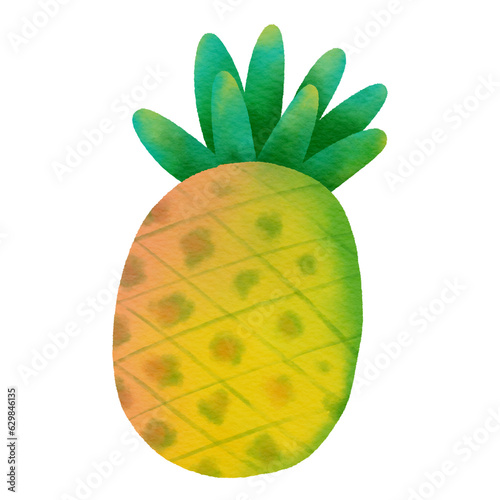 Summer fruits for healthy lifestyle. Pineapple fruit. illustration cartoon drawing with watercolor texture.