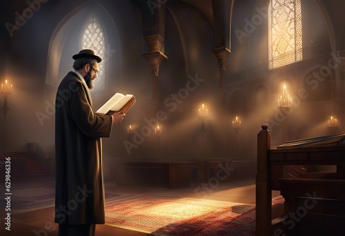 Religious jew reading torah in synagogue by candlelight, Judaism Passover photo