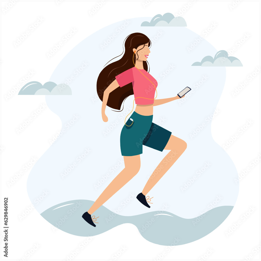Young woman goes in for sports outdoors. A cute girl runs down the street and looks at the phone. Active workouts with listening to music or audiobooks. Flat vector illustration.