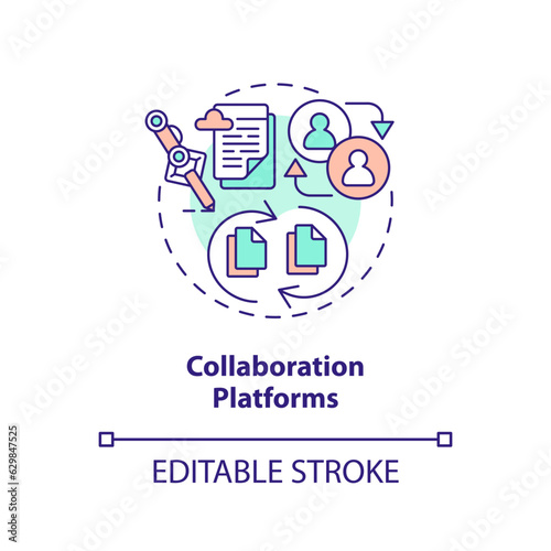 2D editable collaboration platforms thin line icon concept, isolated vector, multicolor illustration representing knowledge management.