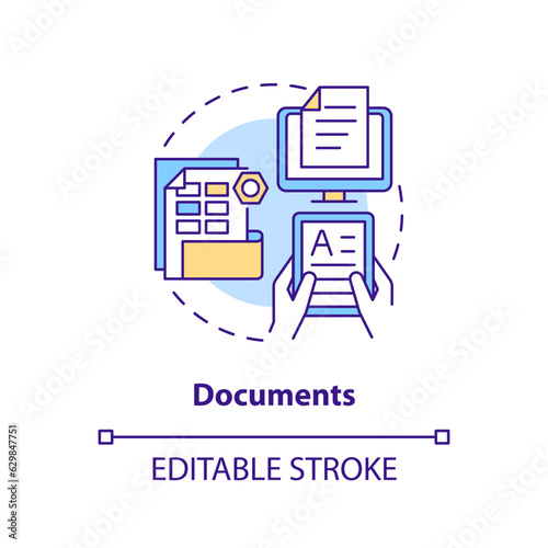 2D editable documents thin line icon concept, isolated vector, multicolor illustration representing knowledge management.