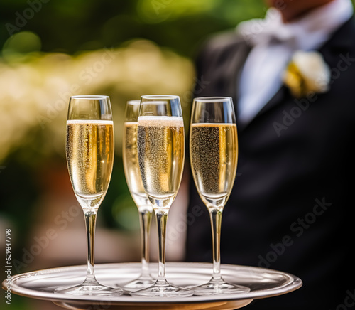 Luxury service, glasses of champagne served by a waiter at a wedding celebration or event in formal English style at luxurious hotel or country estate garden, generative ai