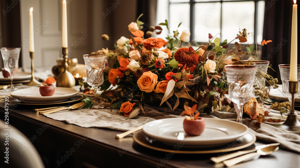 Dining room decor, interior design and autumn holiday celebration, elegant autumnal table decoration with candles and flowers, home decor and country cottage style Dining room decor, interior design and autumn holiday celebration, elegant autumnal table decoration with candles and flowers, home decor and country cottage style