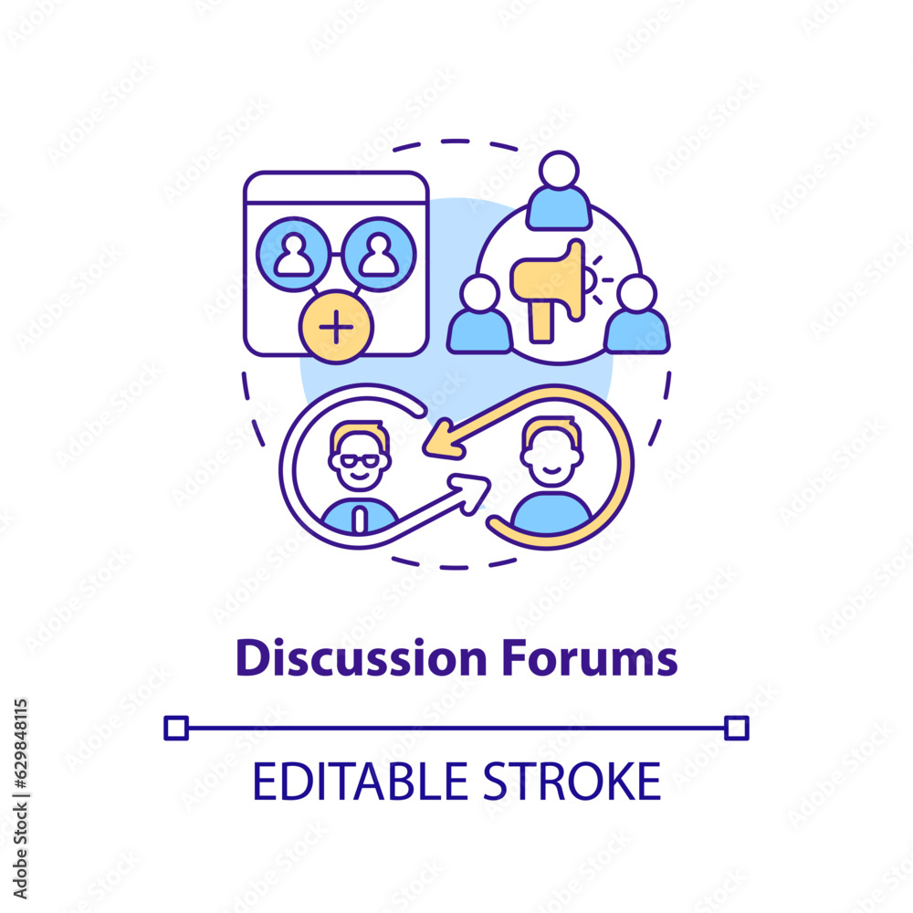 2D editable discussion forums thin line icon concept, isolated vector, multicolor illustration representing knowledge management.