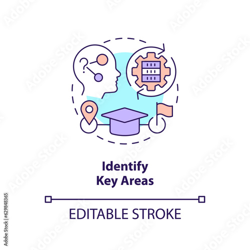 2D editable identify key areas thin line icon concept, isolated vector, multicolor illustration representing knowledge management.