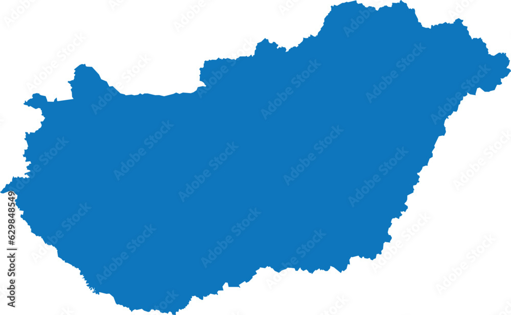 BLUE CMYK color detailed flat stencil map of the European country of HUNGARY on transparent background