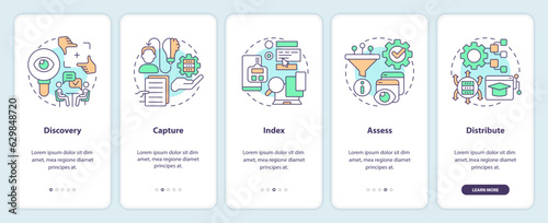 2D linear icons representing knowledge management mobile app screen set. 5 steps graphic instructions, UI, UX, GUI template.