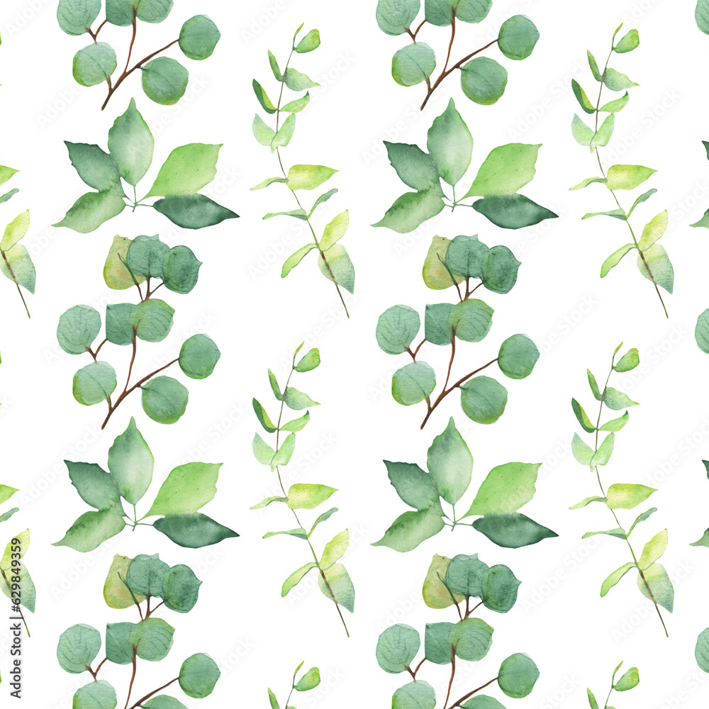 Seamless pattern green leaves trees and branches, foliage of natural branches, green leaves, herbs, tropical plants hand drawn watercolor on white background.