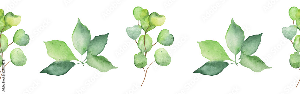 Fototapeta premium Seamless border green leaves trees and branches, foliage of natural branches, green leaves, herbs, tropical plants hand drawn watercolor on white background.