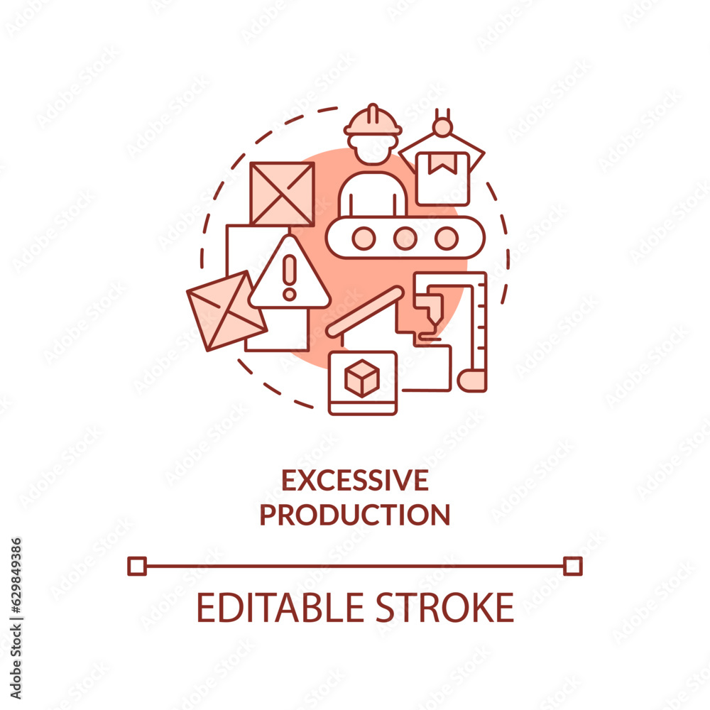 2D editable excessive production red thin line icon concept, isolated vector, illustration representing overproduction.