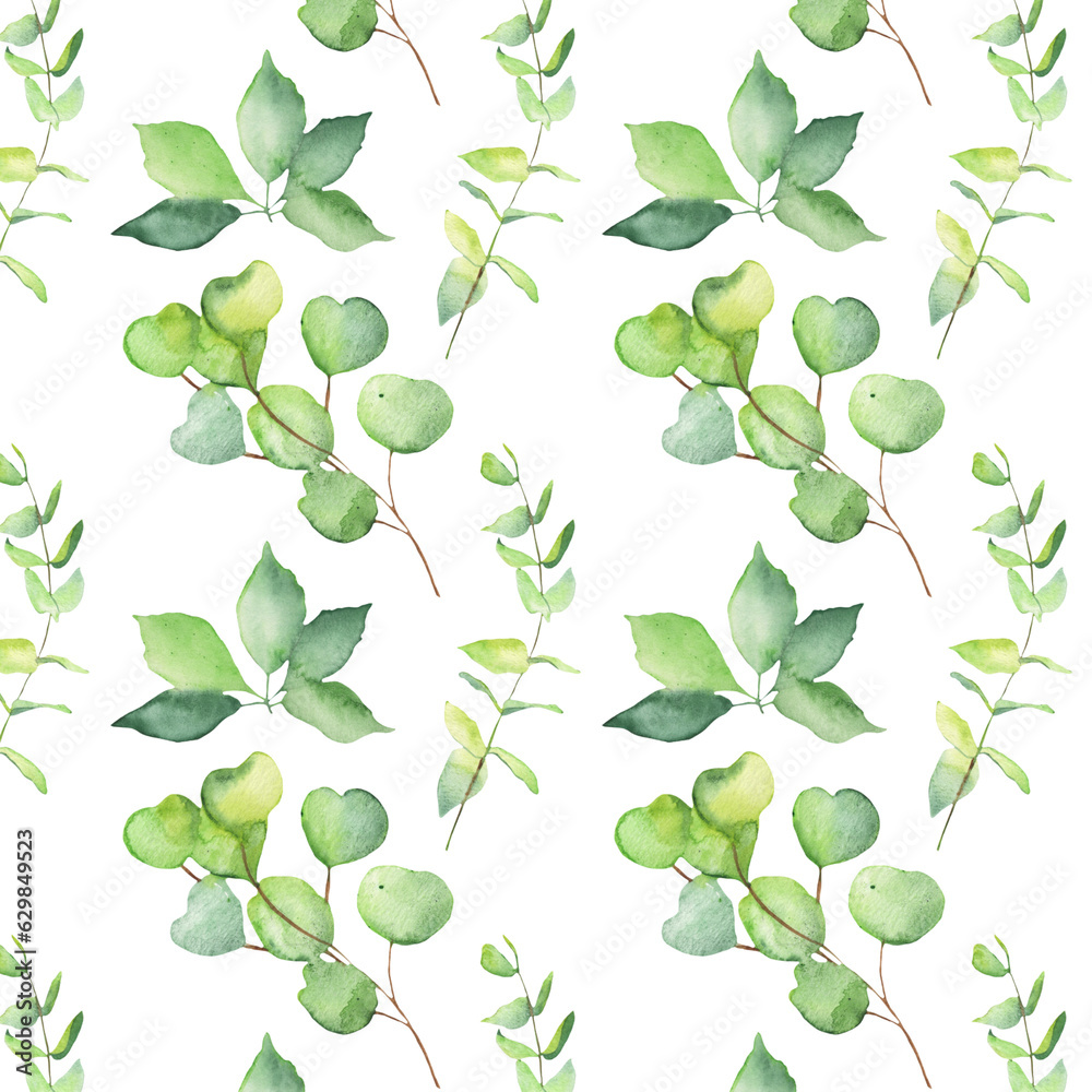Obraz premium Seamless pattern green leaves trees and branches, foliage of natural branches, green leaves, herbs, tropical plants hand drawn watercolor on white background.