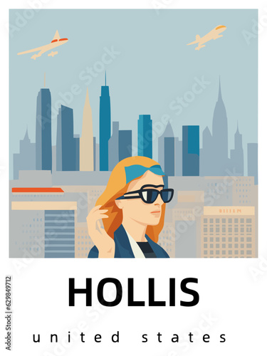 Hollis: Flat design tourism poster with a cityscape of Hollis (United States)