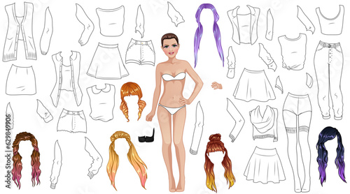 Hipster Girl Coloring Page Paper Doll with Cute Cartoon Character  Outfits and Hairstyles. Vector Illustration