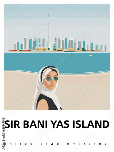 Sir Bani Yas Island: Flat design tourism poster with a cityscape of Sir Bani Yas Island (United Arab Emirates)