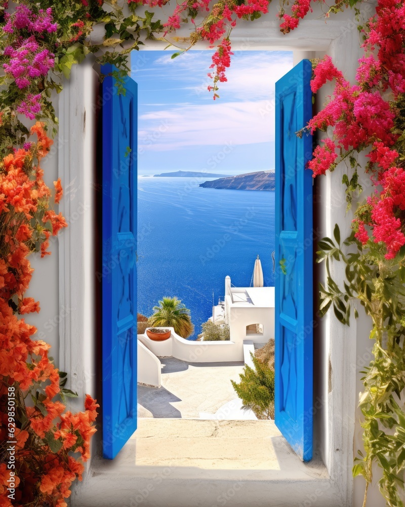 Obraz premium blue door of a greek house leading out to the sea - created using generative AI tools
