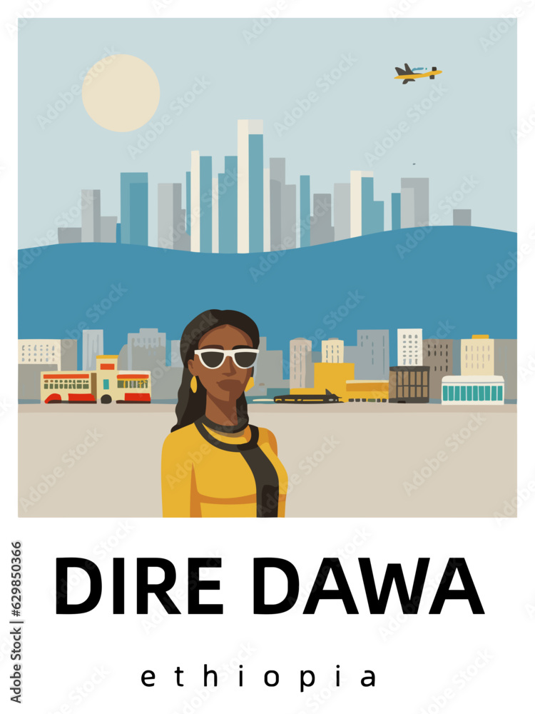Dire Dawa: Flat design tourism poster with a cityscape of Dire Dawa (Ethiopia) - obrazy, fototapety, plakaty 
