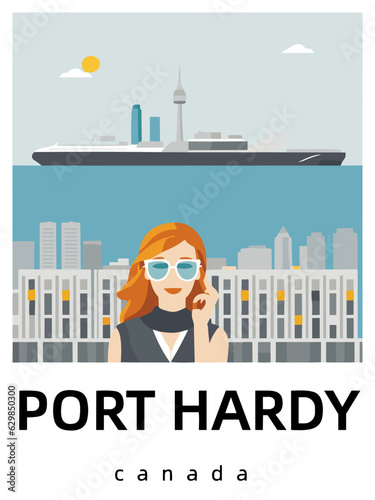 Port Hardy: Flat design tourism poster with a cityscape of Port Hardy (Canada)