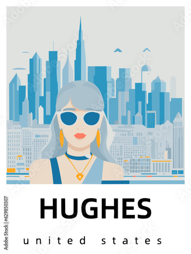 Hughes: Flat design tourism poster with a cityscape of Hughes (United States)