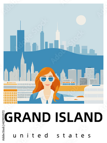 Grand Island: Flat design tourism poster with a cityscape of Grand Island (United States)