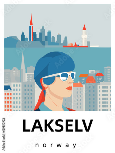 Lakselv: Flat design tourism poster with a cityscape of Lakselv (Norway) photo