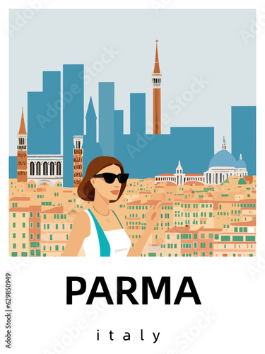Parma: Flat design tourism poster with a cityscape of Parma (Italy)