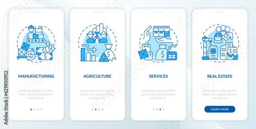 2D icons representing overproduction mobile app screen set. Walkthrough 4 steps graphic instructions with blue thin line icons concept, UI, UX, GUI template.