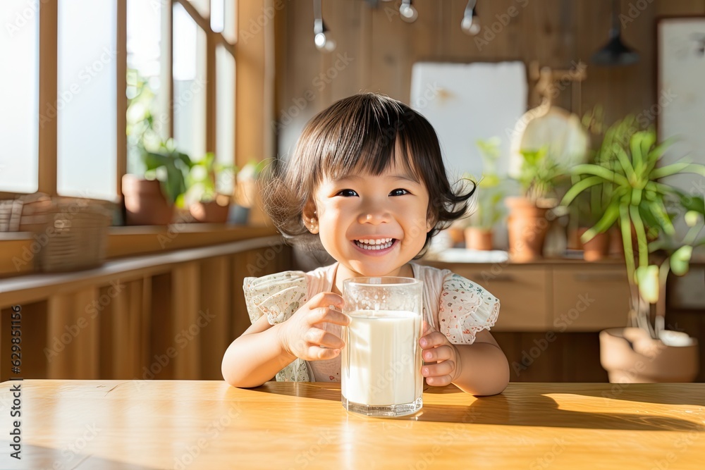 Portrait of an Asian little cute kid drinking milk from a glass with a smile. Portrait of an Asian little cute kid drinking milk from a glass with a smile.