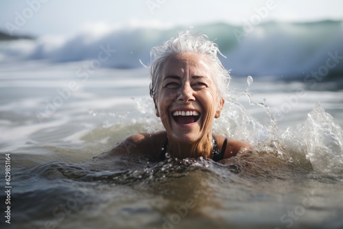 Mature woman beach swim. Generate Ai © nsit0108