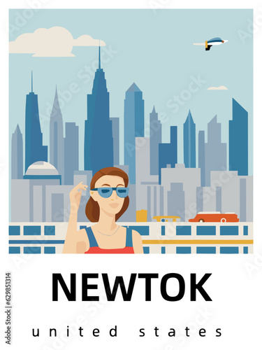 Newtok: Flat design tourism poster with a cityscape of Newtok (United States)