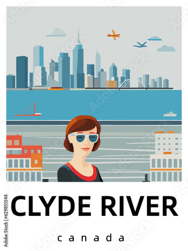 Clyde River: Flat design tourism poster with a cityscape of Clyde River (Canada)