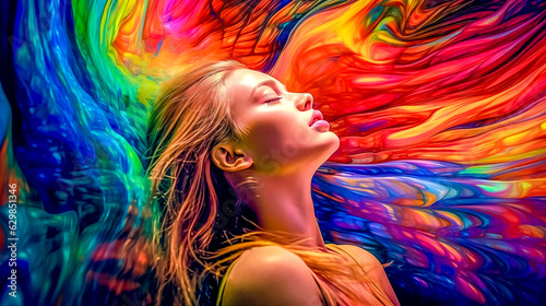 female fantasy, creative art portrait of a young woman drawn with colorful watercolors, made with Generative AI