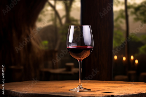 A glass goblet with aged red wine on a wooden bar. AI generation