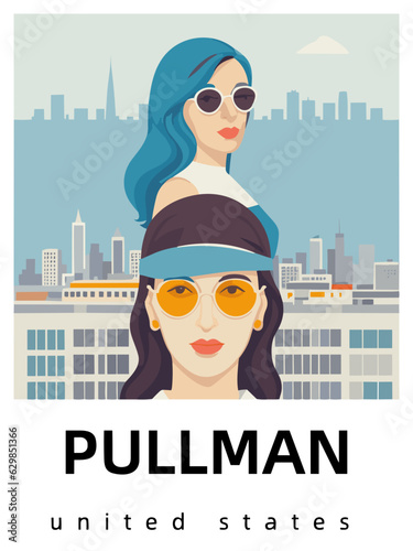 Pullman: Flat design tourism poster with a cityscape of Pullman (United States)