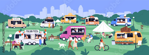 Street food festival in city park. Trucks, mobile cafes in auto, vans with takeaway snacks. People at public fair with car kiosks on summer holiday. Urban fest panorama. Flat vector illustration