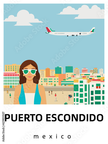 Puerto Escondido: Flat design tourism poster with a cityscape of Puerto Escondido (Mexico)
