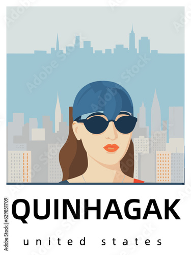 Quinhagak: Flat design tourism poster with a cityscape of Quinhagak (United States)