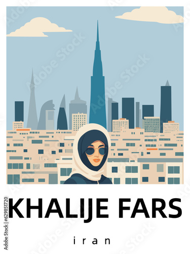 Khalije Fars: Flat design tourism poster with a cityscape of Khalije Fars (Iran)