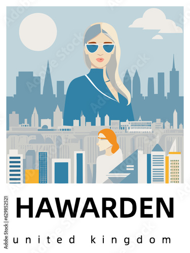 Hawarden: Flat design tourism poster with a cityscape of Hawarden (United Kingdom) photo