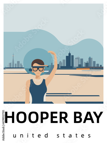 Hooper Bay: Flat design tourism poster with a cityscape of Hooper Bay (United States)